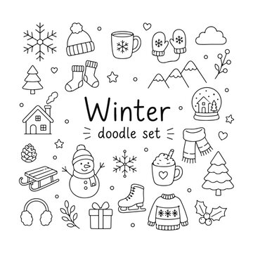 Winter doodles set. Hand drawn vector doodle set on white background