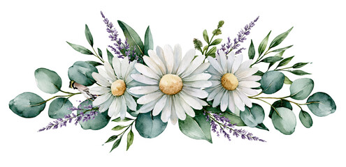 Fototapeta premium Floral wreath with white daisies, lavender and eucalyptus leaves