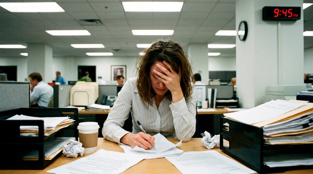 Overworked woman stressed at desk late at night with piles of paper