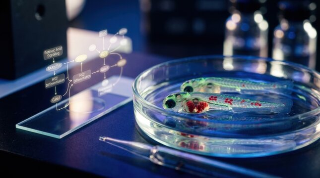 Transparent zebrafish larvae in a glass tank under blue fluorescence, red blood cell clusters, a pipette, and molecular pathway overlays around a microscope slide, visualizing hematopoiesis and