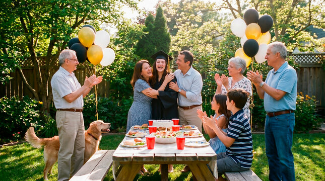 Family Celebrates Graduation With Outdoor Backyard Party And Balloons