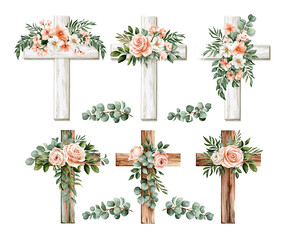 Naklejka premium Set of floral cross decorations with pink roses on transparent