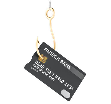 Fintech bank card caught on fishing hook, phishing scam concept. 3D rendering