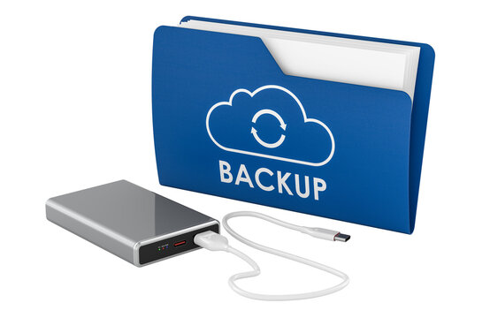 External SSD drive and backup folder with cloud sync icon. 3D rendering