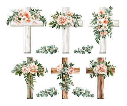 Set of floral cross decorations with pink roses on transparent