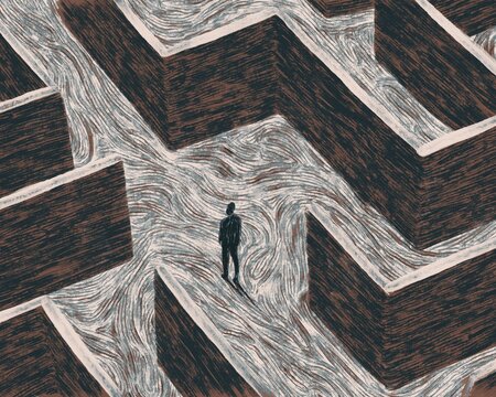 Illustration Lost in the Labyrinth &ndash; Surreal Maze with Solitary Figure