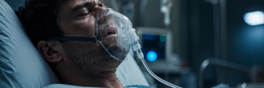 Sick patient with oxygen mask in hospital room, hantavirus, coronavirus, website banner with copy space