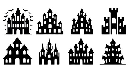 Collection of silhouetted haunted castles and fortresses for Halloween celebrations and spooky themes © graphicssajib