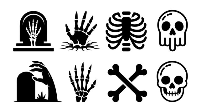 Collection of spooky Halloween icons featuring skeletons hands skulls and tombstones