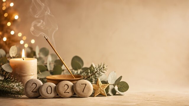 2027 Christmas and New Year copy space banner for aromatherapy shops, wellness blogs and seasonal announcements with candle, incense smoke, gold star, pine branch, eucalyptus and soft beige bokeh