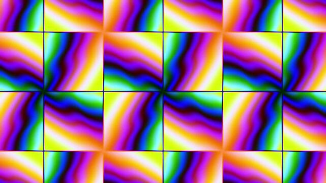 Dynamic abstract artwork featuring vivid rainbow-colored wavy lines arranged in a grid pattern, creating an energetic and creative visual with vibrant hues.