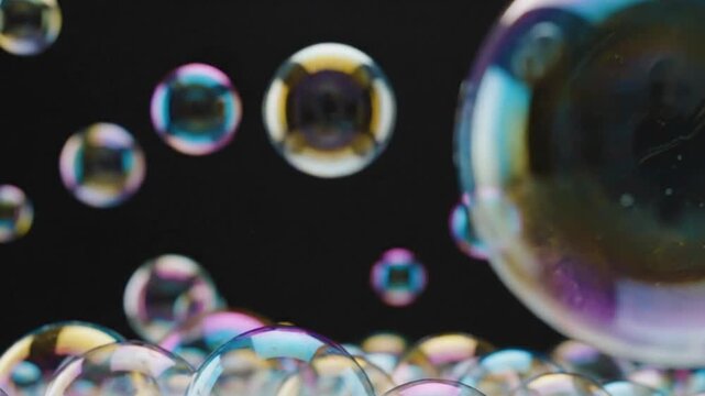 Iridescent soap bubbles floating up in front of a dark black background during the day