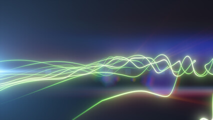Fototapeta premium Green glowing light trails flowing across a dark blue background, creating a futuristic abstract waveform with soft lens flare.