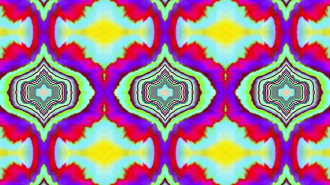 This vibrant abstract pattern features symmetrical kaleidoscope shapes with bright colors and geometric forms, creating a captivating and visually appealing design.