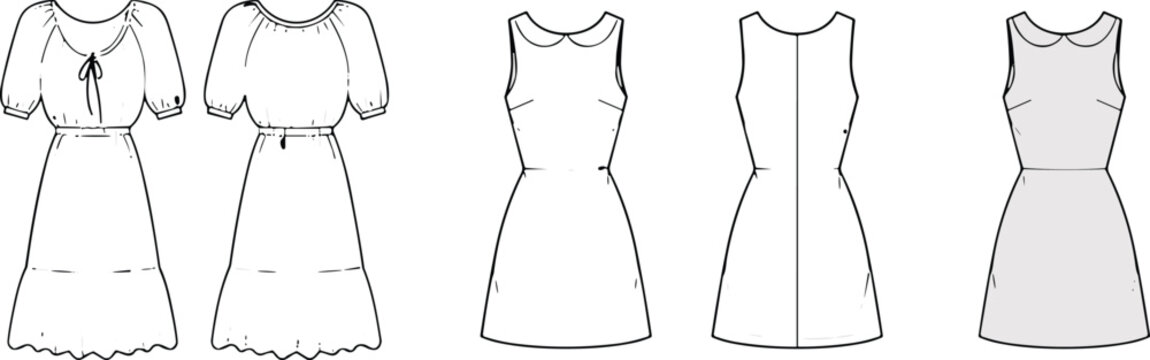 Fashion technical sketch of women peasant dress and sleeveless peter pan collar dress variations
