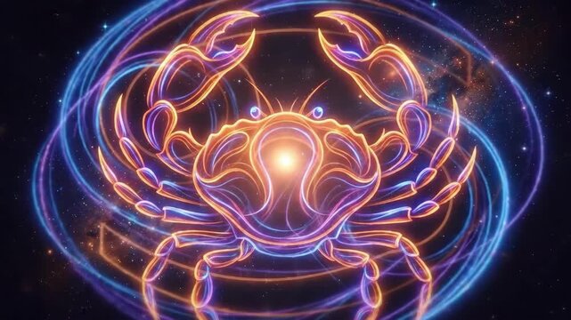 Neon glowing crab symbol representing the Cancer zodiac sign against a deep space galaxy background with colorful stars and nebulae