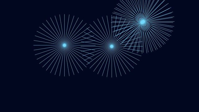 Abstract glowing blue fireworks animation, digital light burst background, particle motion neon geometric radial pattern overlay 4k