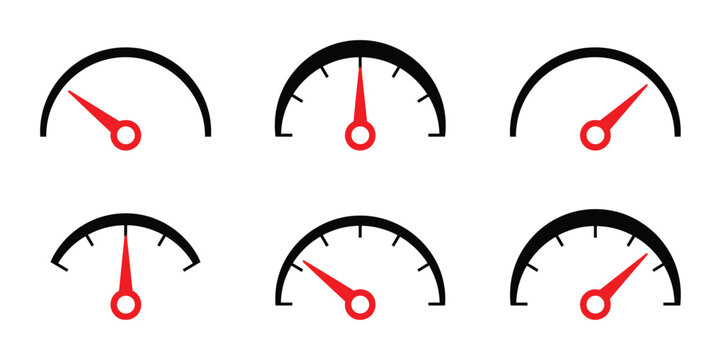 Speedometer Tachometer Icons, car performance, internet speed gauge and fast indicator symbols in modern flat vector design