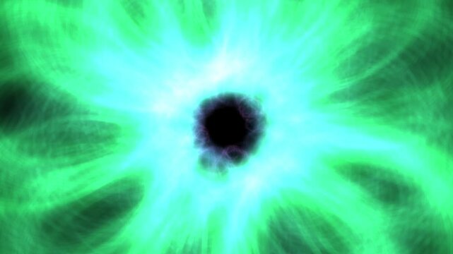 This digital art showcases a vivid green energy burst with dynamic streaks radiating from a central black void, creating an abstract cosmic and futuristic effect.