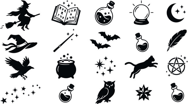 Black and white illustration set of witchcraft and wizardry symbols and objects on white background