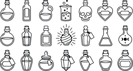 Black line art illustrations of 20 various potion bottles and flasks for magic witchcraft and fantasy designs © AshrafulHaque