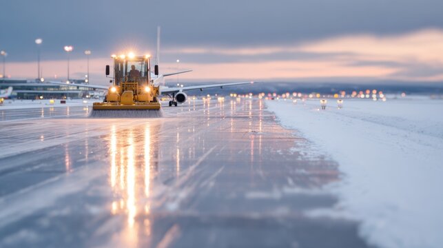 Airport snow plow clearing runway near taxiing airplane at sunrise for winter runway maintenance and safety background design, poster