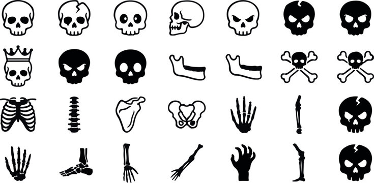 Collection of black and white skeleton and skull icons for halloween or medical use