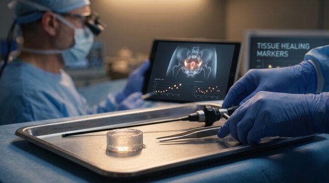Sterile surgical tray with a collagen plug, gloved hands, endoscopic instruments, and a pelvic anatomy diagram on a tablet, while a surgeon reviews tissue healing markers, presenting a clinical trial