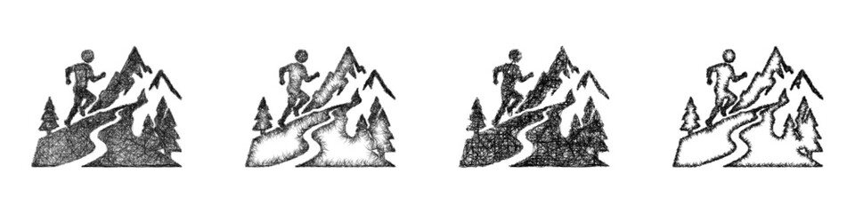 Fototapeta premium Monochrome sketch mountain marathon icon design set