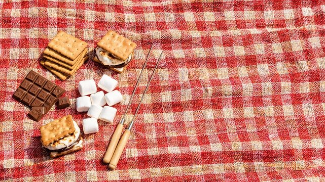 A minimalist flat lay of chocolate, marshmallows, crackers, completed smores, and two metal skewers on a red checkered picnic blanket with ample copy space for summer vacation projects.