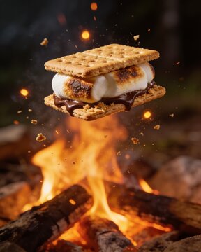 A complete, mouth-watering smore with melted chocolate and toasted marshmallow hovers in mid-air over active, glowing campfire flames, celebrating a summer vacation treat.