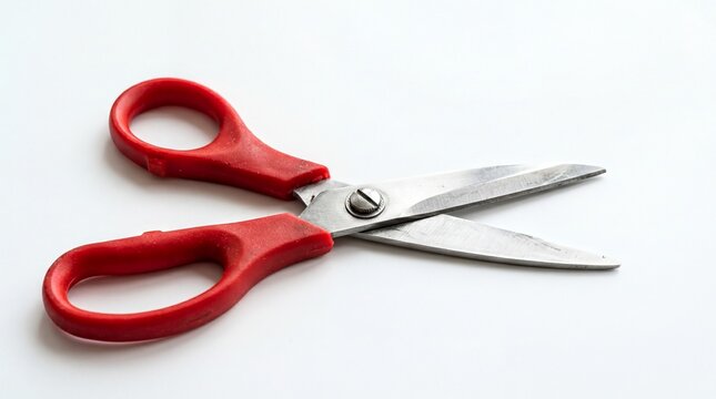 cutting tools, close-up of left-handed metal scissors with a red grip against white