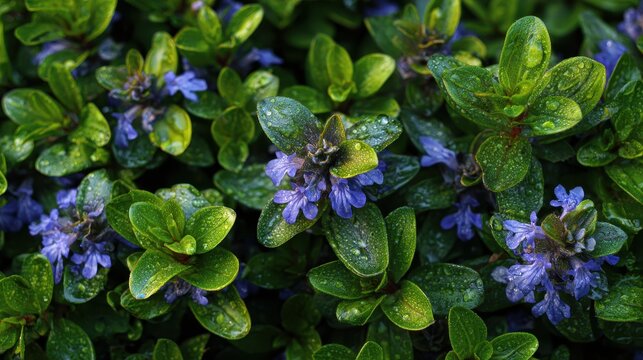 Macro view of blue bugleweed leaves and blooms forming a dense carpet in a shaded yard