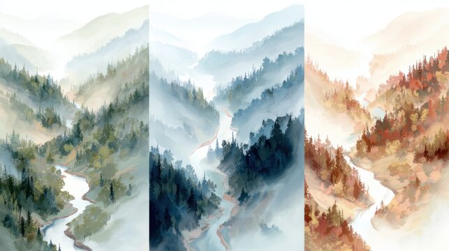 Misty mountain triptych landscape with seasonal green blue and autumn panels for design background poster and card