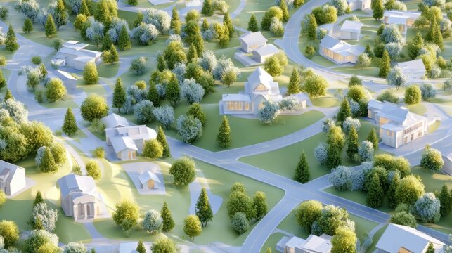 Residential suburb masterplan aerial view with curving roads and landscaped trees for urban planning presentation and background