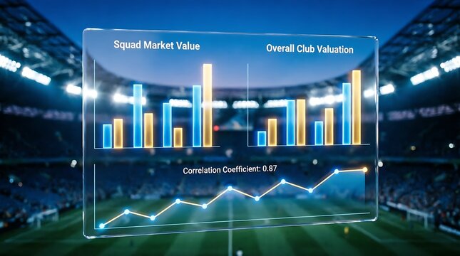 Digital glass display showing squad market value and overall club valuation correlation in a stadium background.