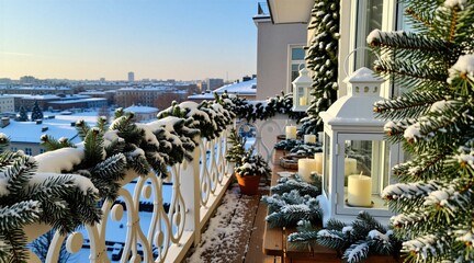 Fototapeta premium Snowy balcony decorated with pine branches and white lanterns, candles lit. Winter cityscape view from apartment terrace. Cozy Christmas atmosphere outdoors.
