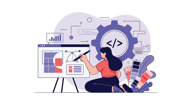 Female software developer working on app design interface on a board with color swatches and a gear code icon in background.