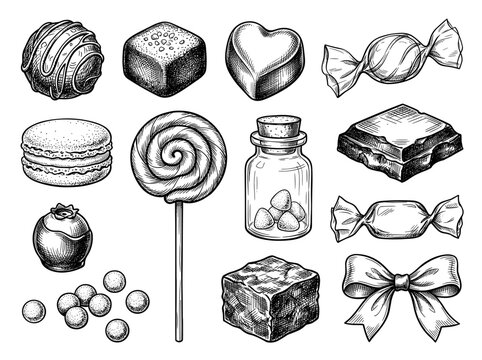 Hand draw black ink sketch, assort handmade candy and chocolate sweet collection, isolated on white background
