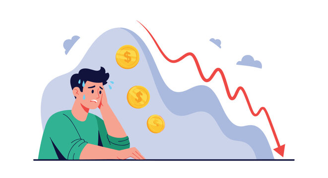 Worried young businessman sweating and looking at a red financial arrow pointing down representing economic loss.