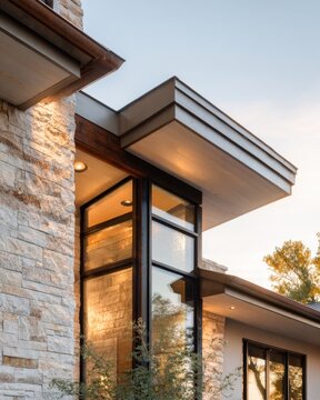 Modern architectural roofline and corner detail with wood soffit and metal trim for design portfolio and architectural background