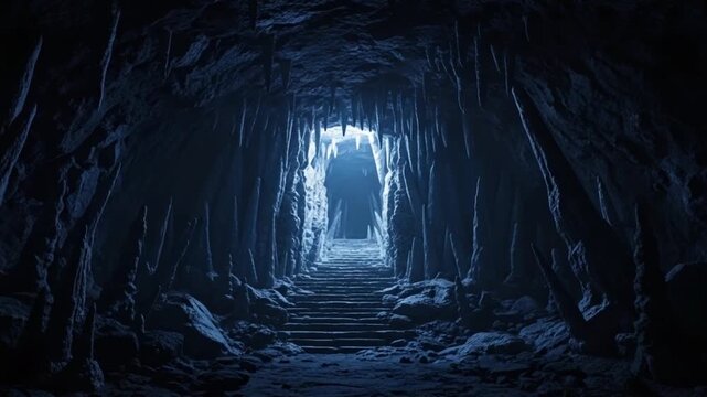 Mysterious dark cave with stone stairs leading to a glowing entrance