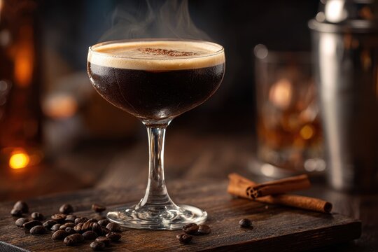 Velvet Espresso Martini in a Coupe Glass with Scattered Coffee Beans