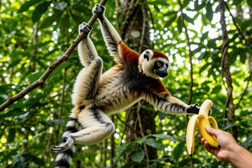 Fototapeta premium Sifaka lemur hangs on tree branch in jungle. Hand offers peeled banana to curious primate. Animal eats fruit in wild forest habitat. Rare species in natural setting.