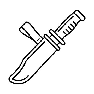 combat hunting knife with leather sheath line icon