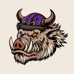 Fierce warthog warrior head with horned helmet, aggressive boar vector illustration for merchandise, Angry wild boar viking mascot logo illustration for esport gaming or t-shirt design vector © ZUHRI