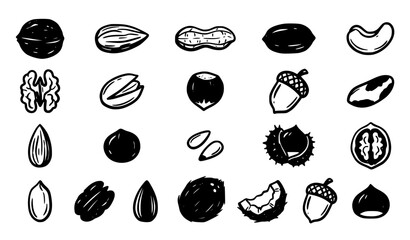 Black Hand Drawn Nut Silhouette Icons Collection Doodle Food Vector Set © Tonmoy
