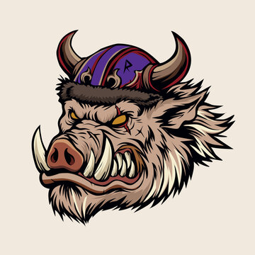 Fierce warthog warrior head with horned helmet, aggressive boar vector illustration for merchandise, Angry wild boar viking mascot logo illustration for esport gaming or t-shirt design vector