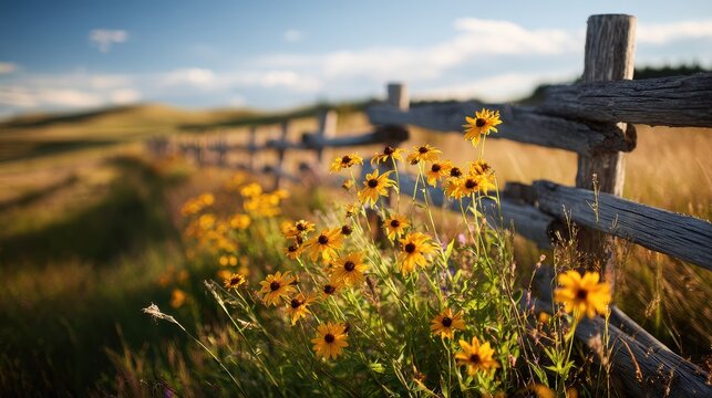 Sunlit rural landscape featuring split-rail fence and blossoms