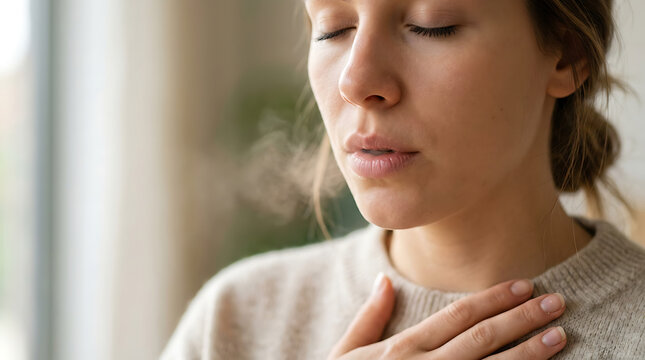 Close up of woman exhaling visible breath with hand on chest. Mindfulness and deep breathing concept